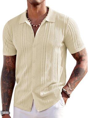 Men's Cream Knit Short Sleeve Button Down Polo Casual Summer Beach Shirt